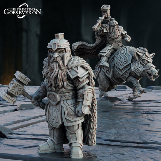 three detailed fantasy miniatures depicting characters from a fantasy setting, including a dwarf, a knight, and a dragon.