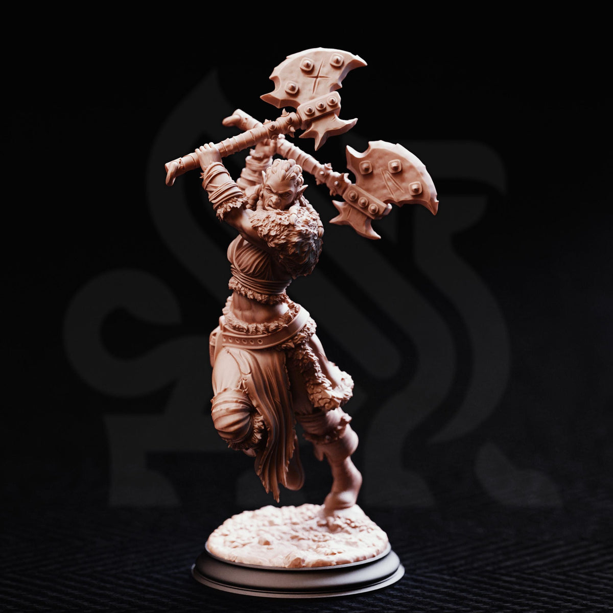 A detailed figurine of a warrior wielding two large swords, standing on a base and appearing ready for battle.
