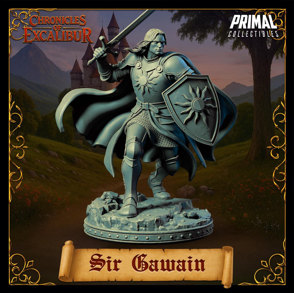 a statue of a knight in armor, holding a shield and sword, standing on a pedestal with the name 'Sir Gawain' written below it.