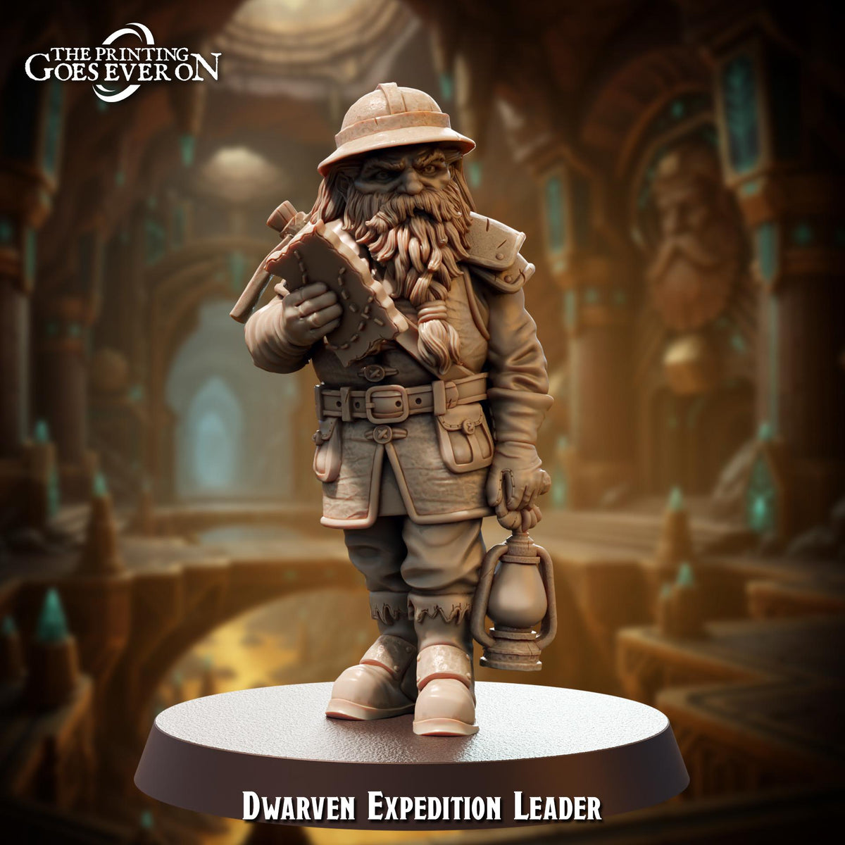 A figurine of a dwarf expedition leader, wearing a helmet and holding a lantern, standing in a fantastical setting with a castle-like structure in the background.
