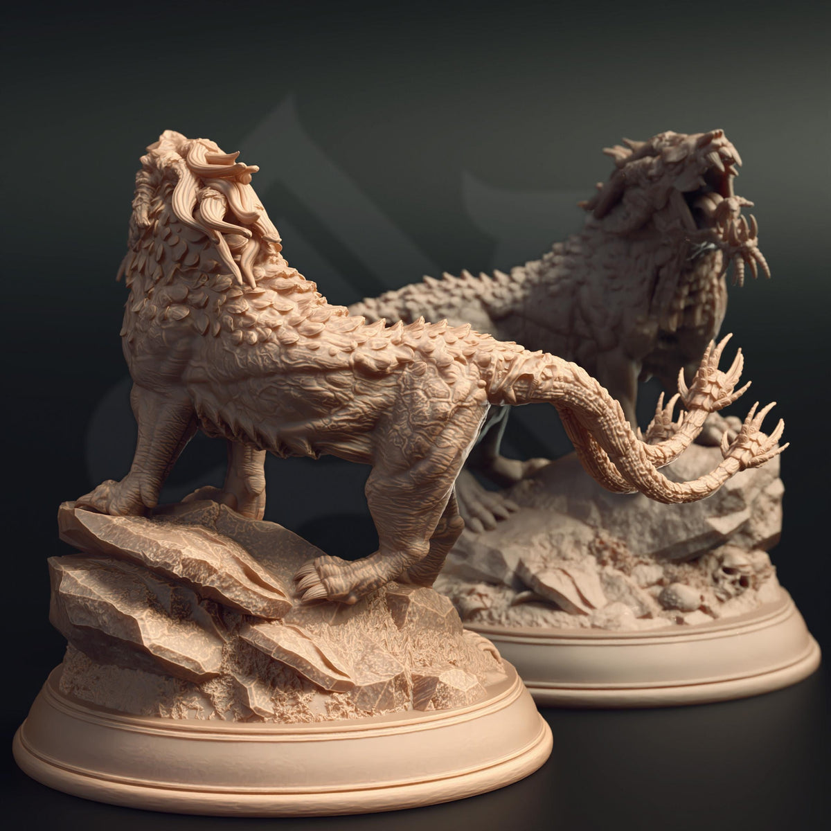two detailed sculptures of fierce-looking creatures, possibly mythical or fantastical, set against a dark background.