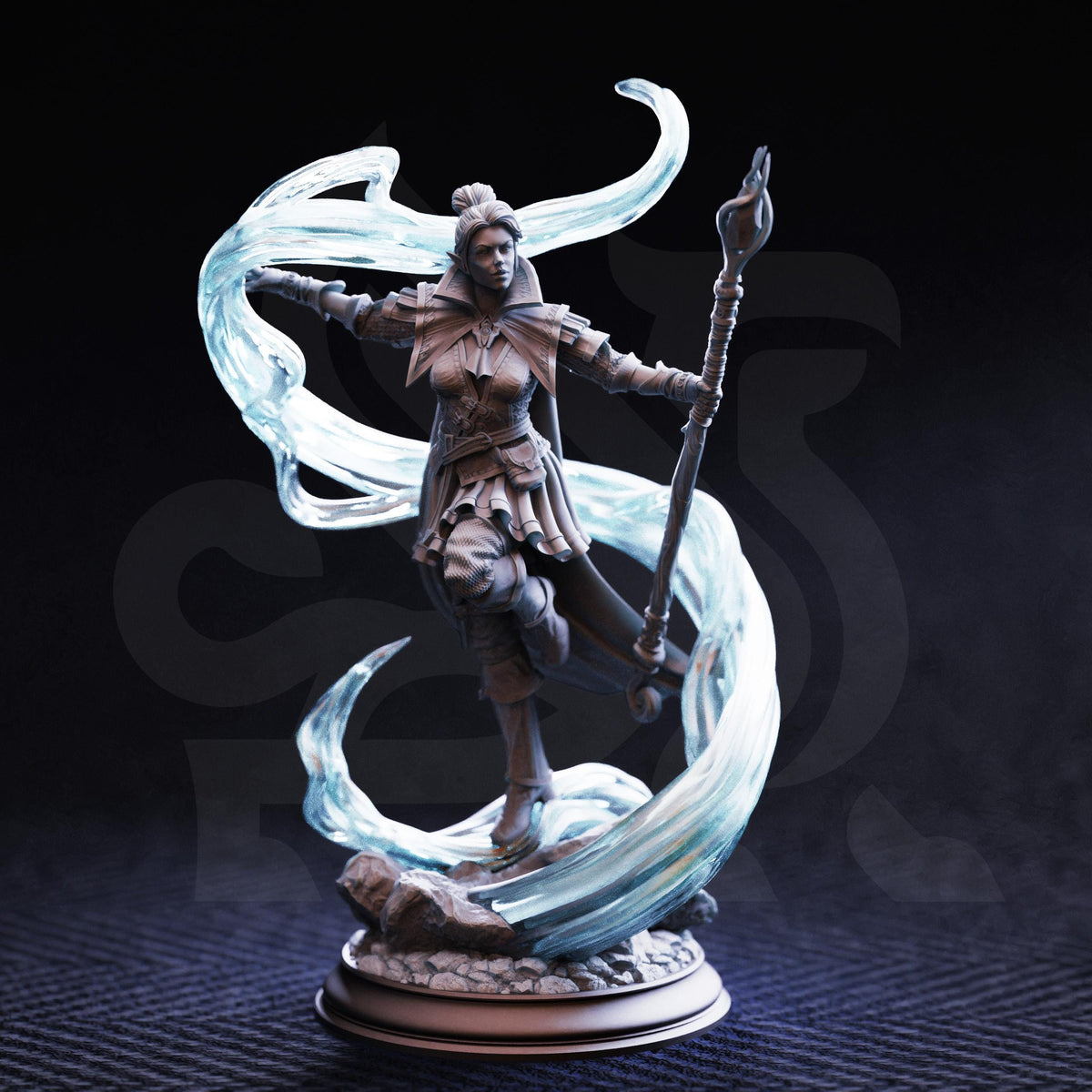 A statue of a woman with a staff, standing on a pedestal and holding a staff in her hand.