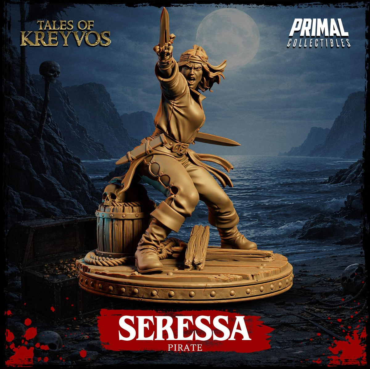 a golden statue of a pirate character named Serena, who is holding a sword and standing on a ship.