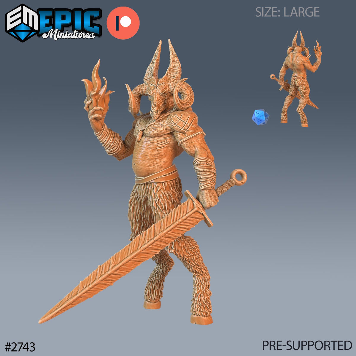 a large, detailed figurine of a mythical creature, possibly a dragon or a unicorn, holding a large sword and standing in a fighting stance. The figurine is the main focus of the image, and it is accompanied by a smaller version of the same figure in the background. The image does not contain any text or additional objects, and the creature is the central element in the composition.