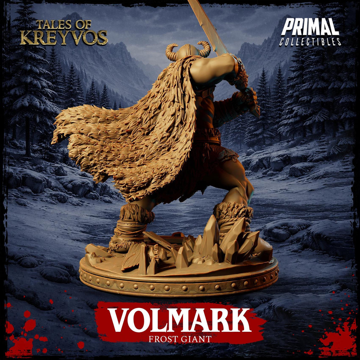 a statue of a frost giant, a mythical creature with the body of a dragon and the head of a lion, standing on a platform and holding a sword.