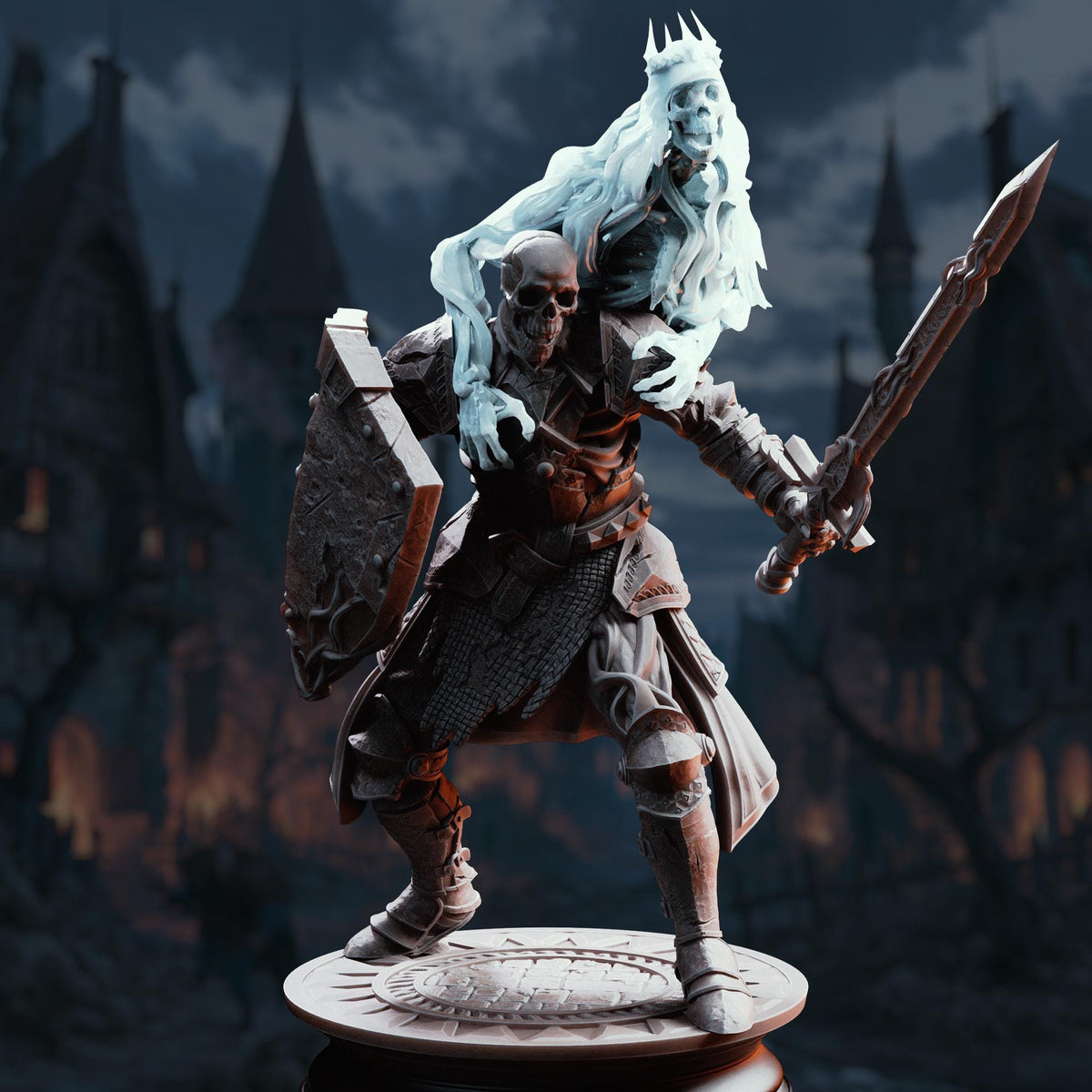 A 3D rendering of a knight figure with a crown and a skull-like creature on its back, standing on a pedestal against a dark, fantastical background.