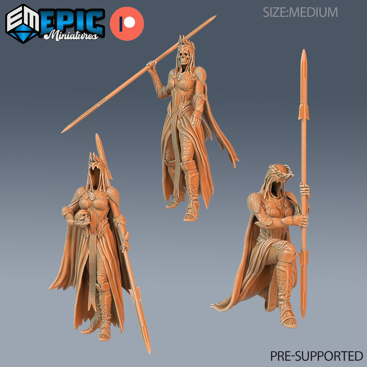 three detailed 3D models of female fantasy characters, each holding a weapon and standing in a fighting stance. The models are in a medium size, as indicated by the text "PRE-SUPPORTED" at the bottom of the image.