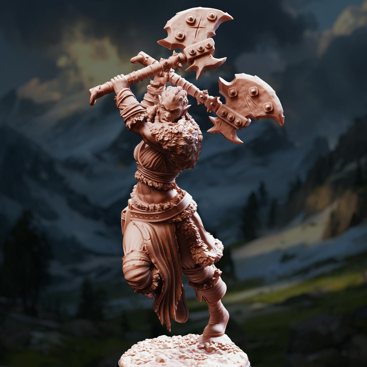 A detailed 3D model of a warrior figure wielding a large sword and shield, set against a mountainous landscape.