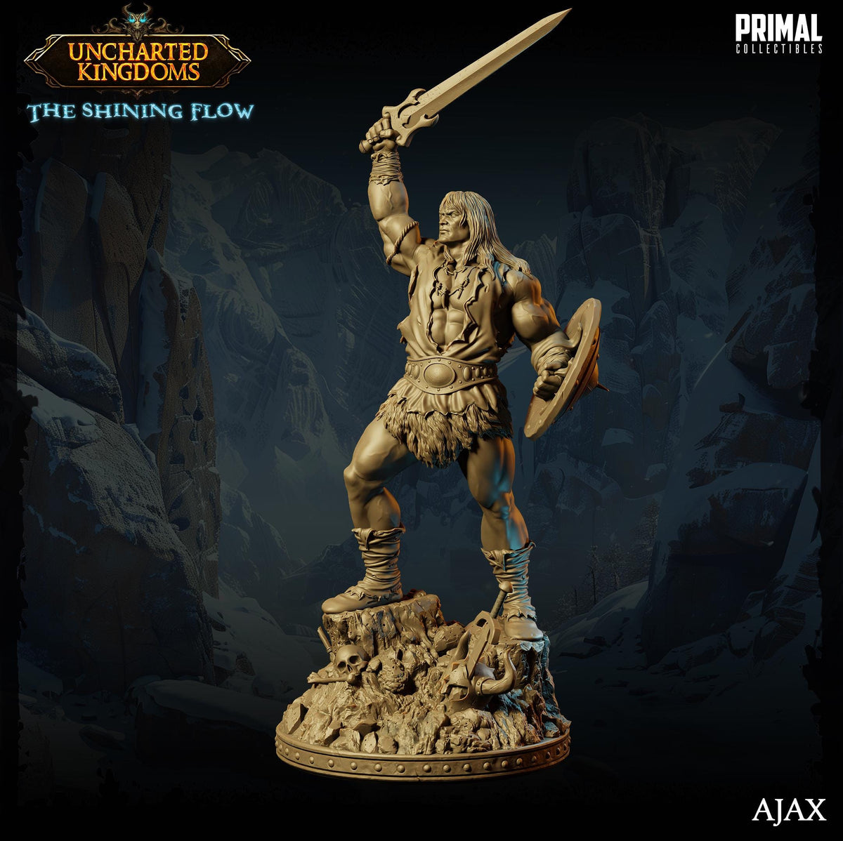 a statue of a muscular, bearded warrior wielding a sword and shield, standing on a rocky outcropping against a dark, rocky background.