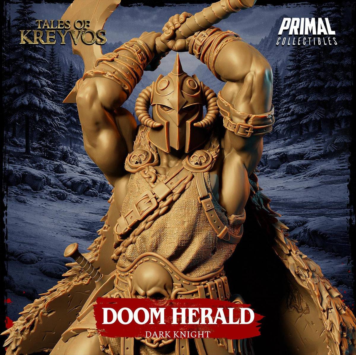 a detailed, golden statue of a knight in armor, with the text "DOOM HERALD DARK KNIGHT" prominently displayed.