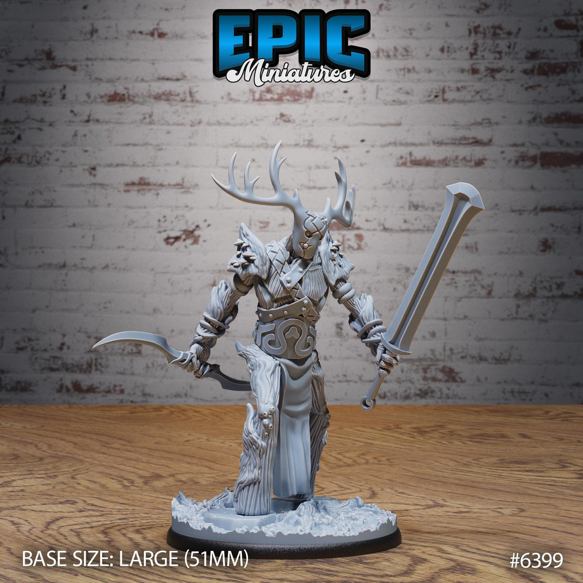 A 3D model of a fantasy character, possibly a warrior or deity, standing on a wooden base and holding a large sword. The background is a brick wall.