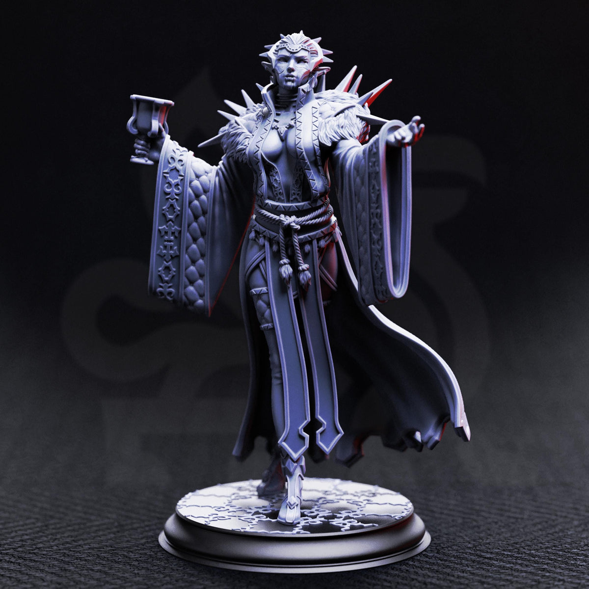 A detailed 3D model of a female fantasy character, possibly a queen or princess, standing on a pedestal and holding a cup.