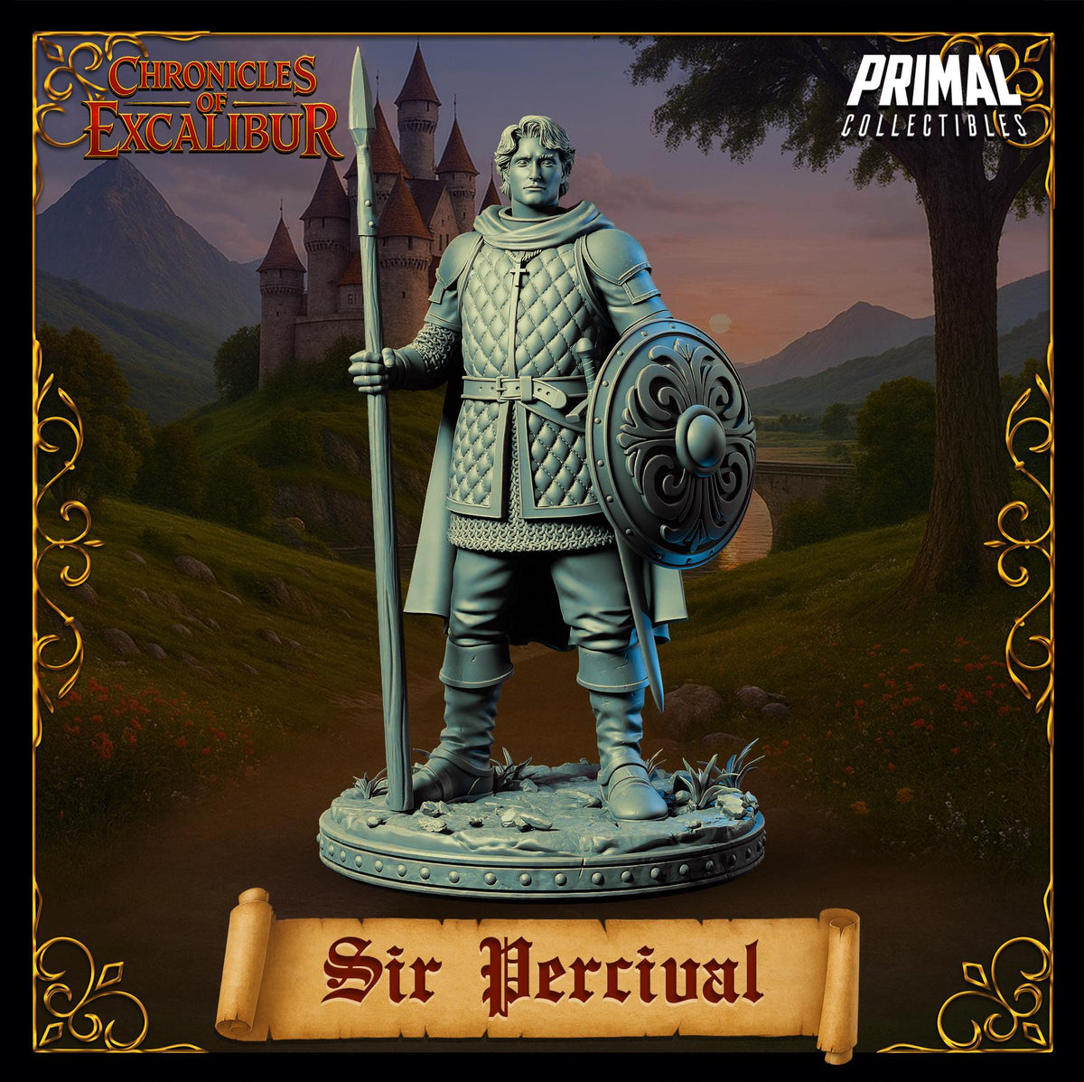 A statue of a knight holding a shield and sword, standing in front of a castle in a fantasy setting.
