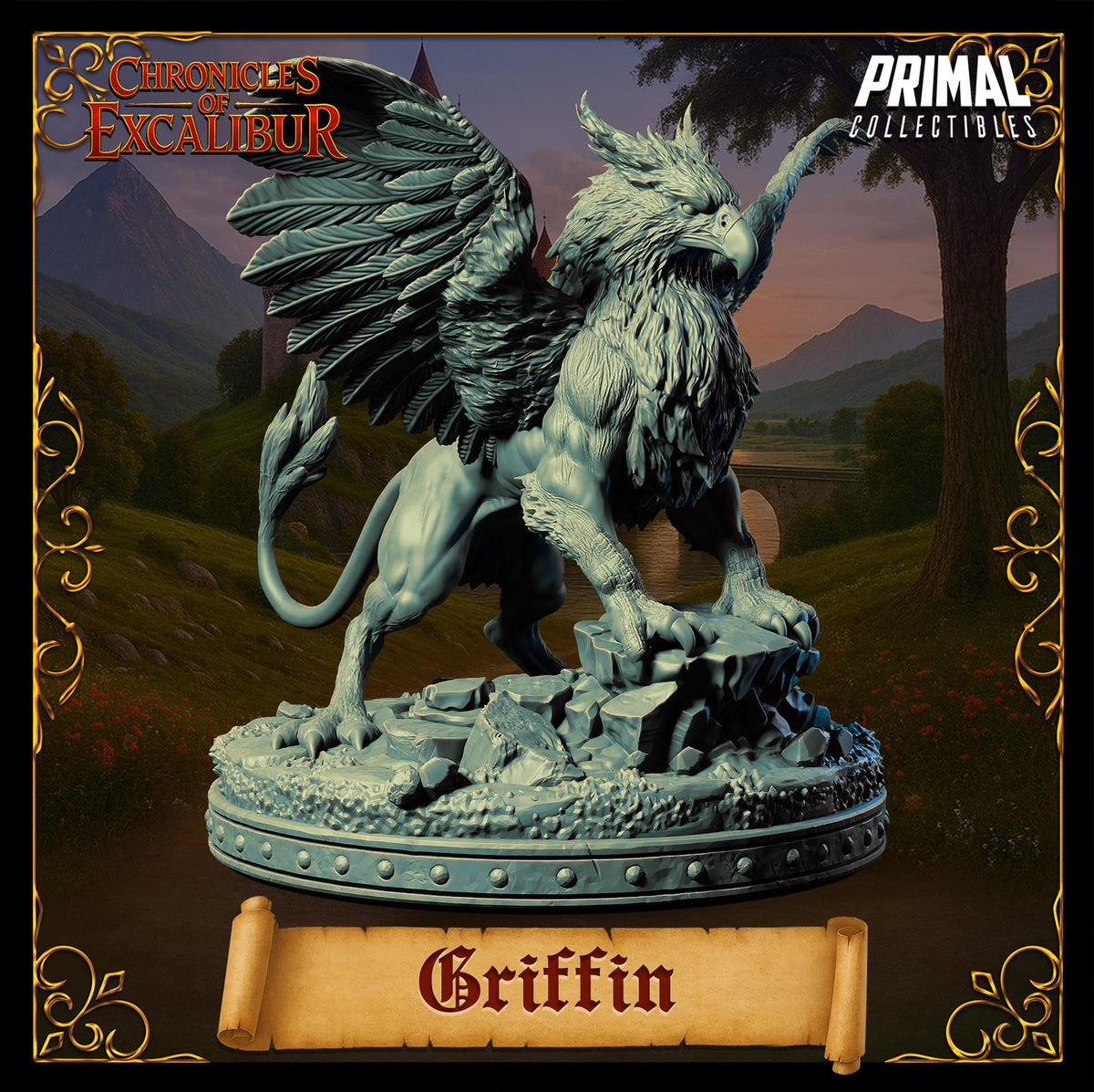 a statue of a winged, winged creature with a lion-like body, standing on a pedestal. The creature appears to be a mythical or fantastical being, possibly a mythical creature or a mythical creature from a fantasy world. The background of the image includes a landscape with mountains and trees, creating a natural and majestic setting. The name 'Griffin' is prominently displayed in the image.