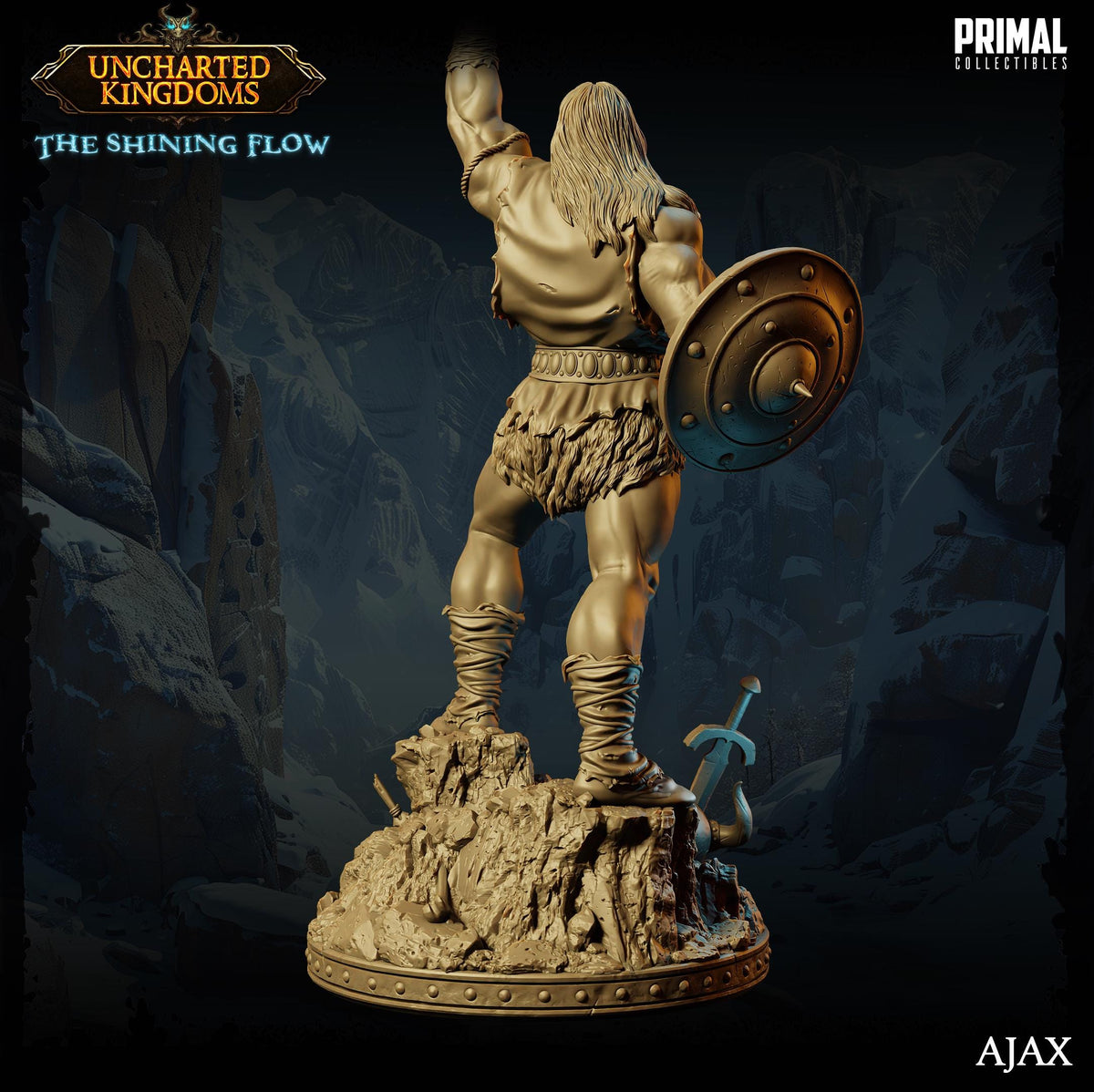 a statue of a muscular, bearded warrior figure wielding a shield and sword, standing on a rocky outcropping.