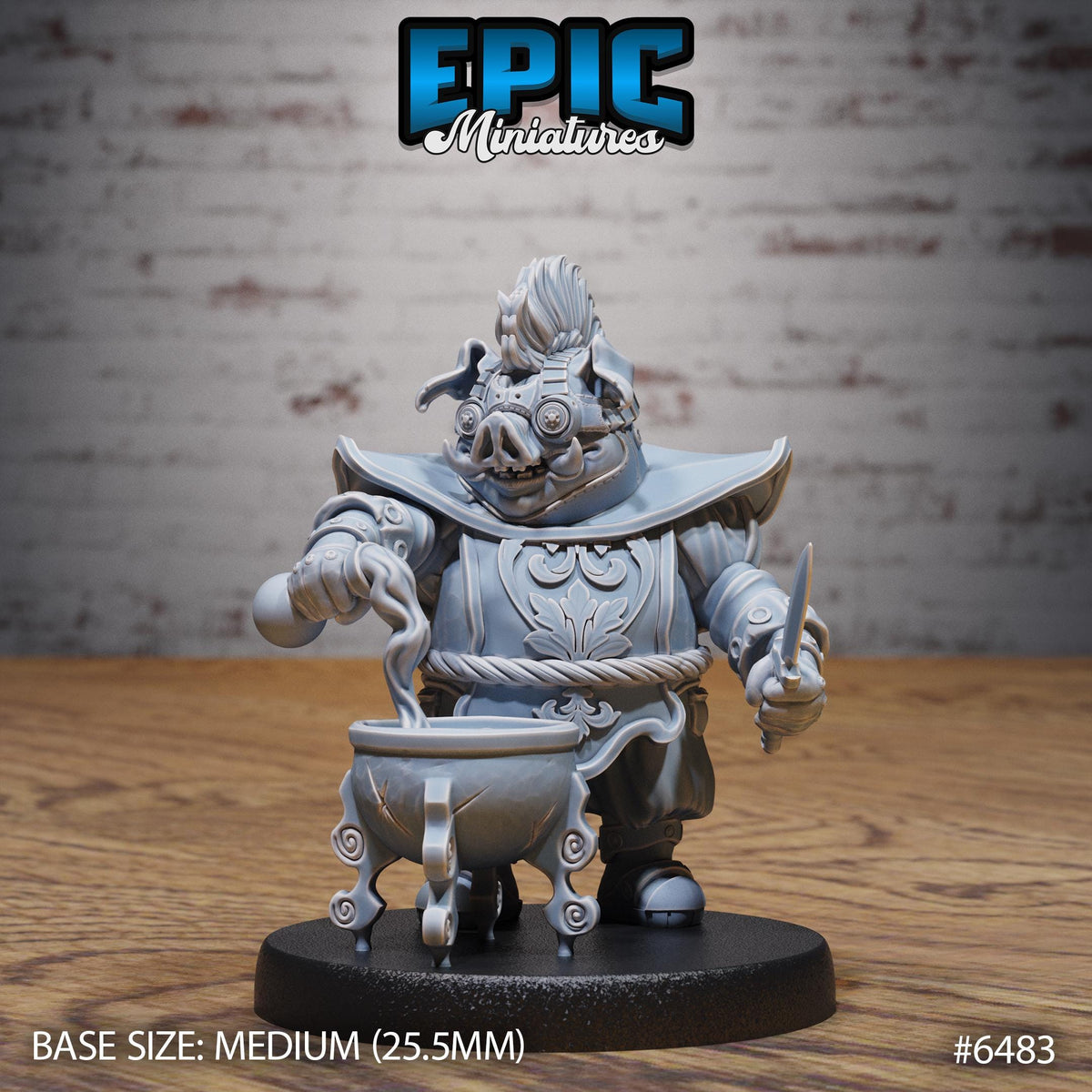 A figurine of a pig-like character with a large head and a cauldron, standing on a black base.