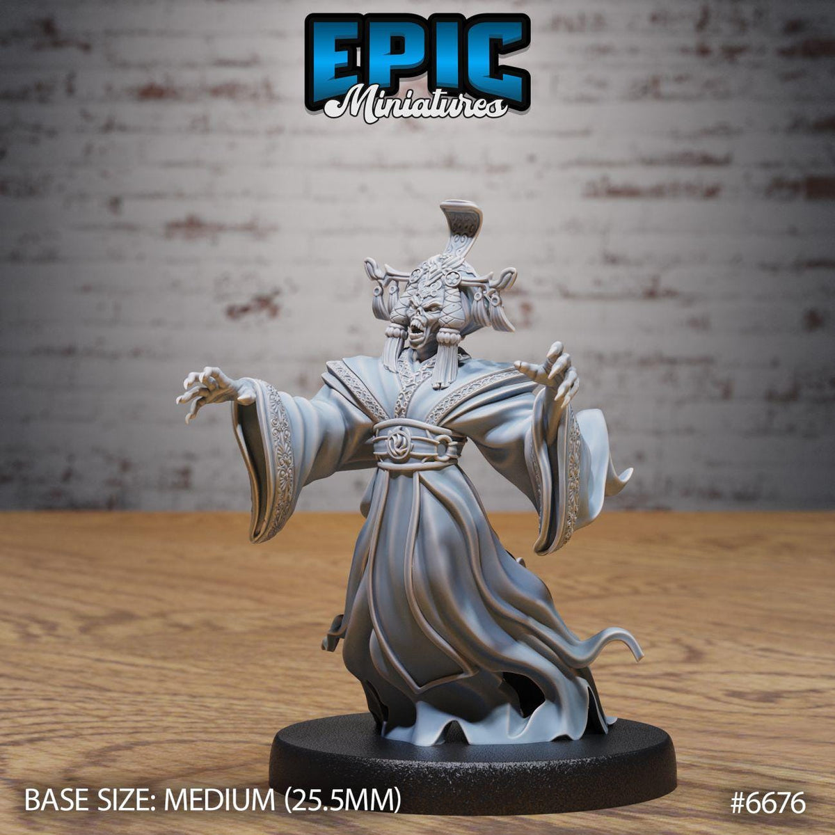 A 3D model of a character with a flowing robe and a headdress, standing on a black base. The character appears to be a fantasy or mythological figure, possibly a deity or a magical being. The background is a brick wall, which adds to the overall aesthetic of the image.