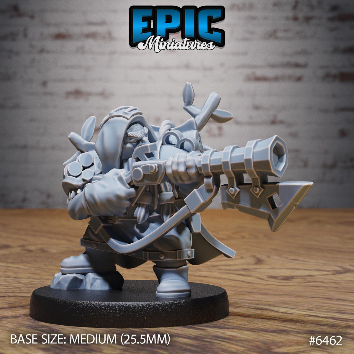 A 3D model of a dwarf warrior figurine, with a large gun and various other weapons, standing on a black base.