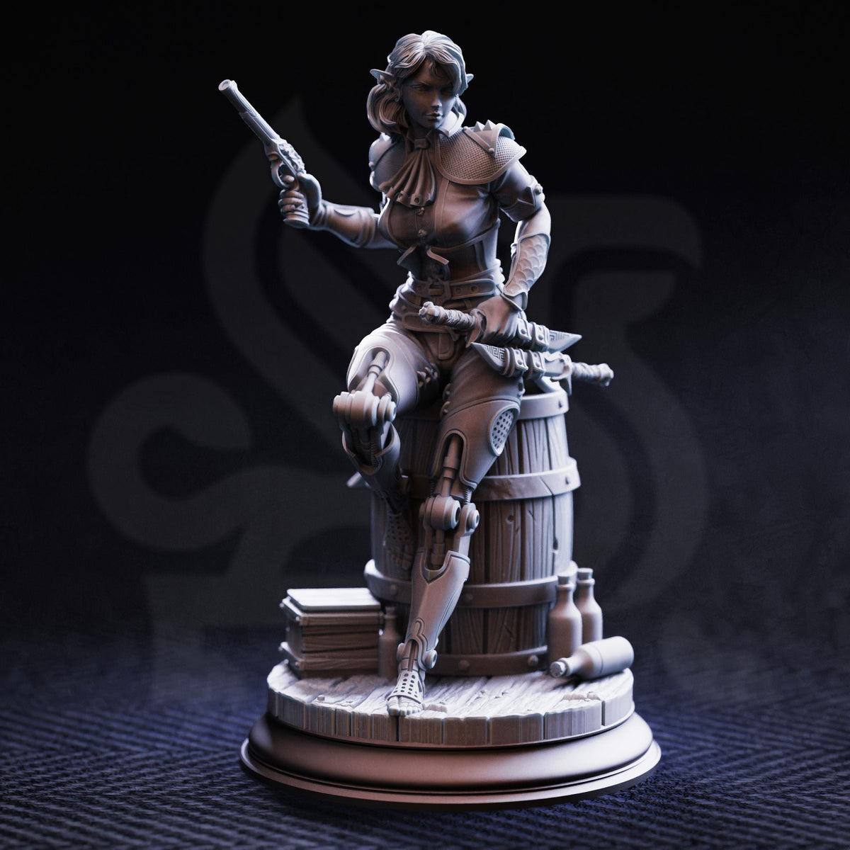 A 3D rendering of a female character holding a gun and standing on a barrel, with various objects around her.