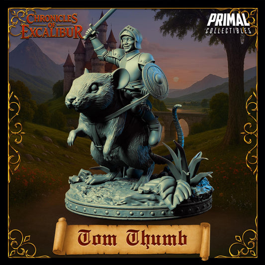 A statue of a knight riding a mouse, with the knight holding a shield and sword. The background features a castle and a sunset.
