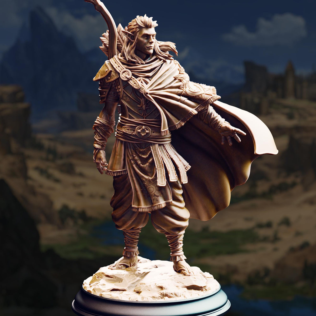 A bronze statue of a warrior standing in a desert landscape, with mountains in the background.