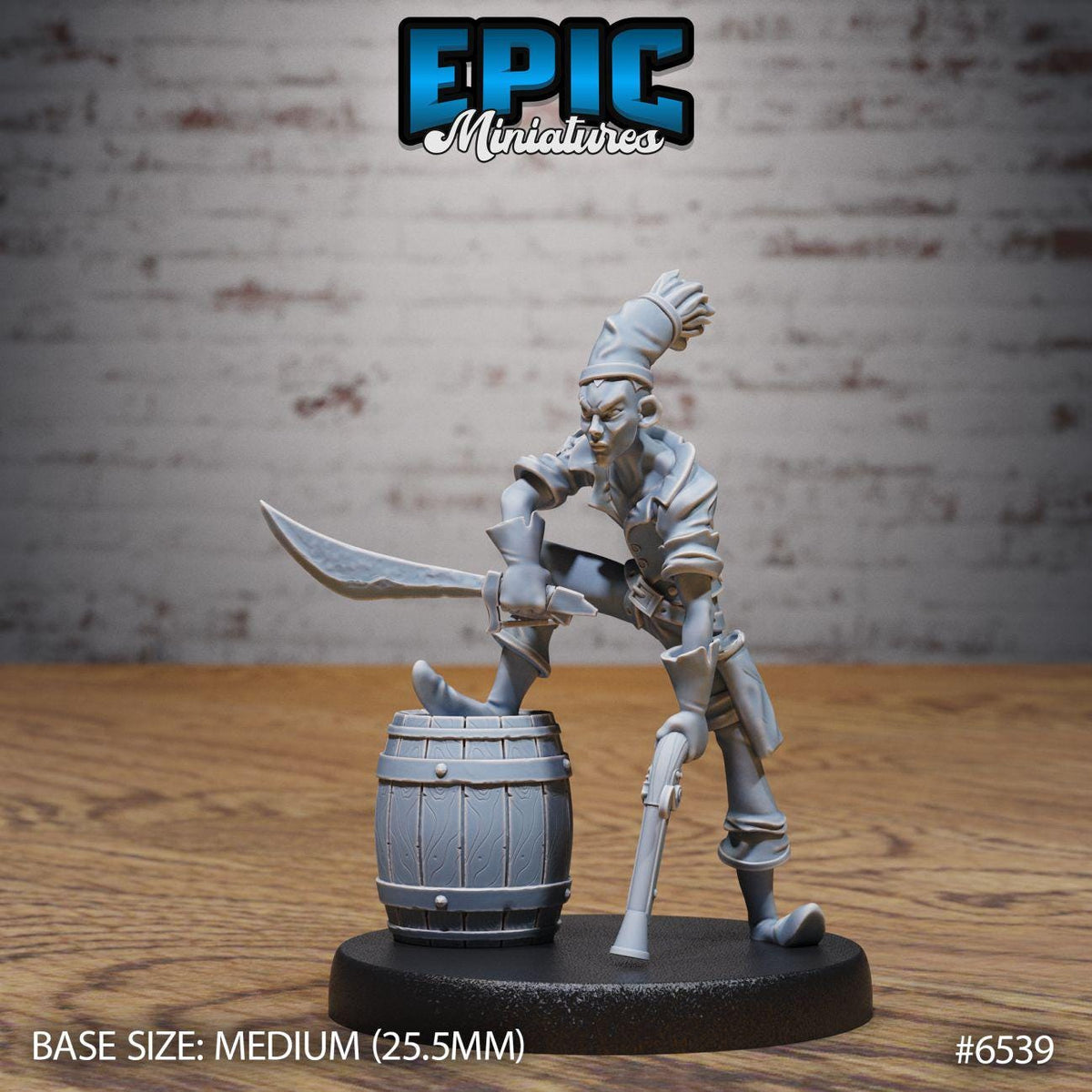 A figurine of a pirate standing on a barrel, holding a sword and shield, with a brick wall in the background.