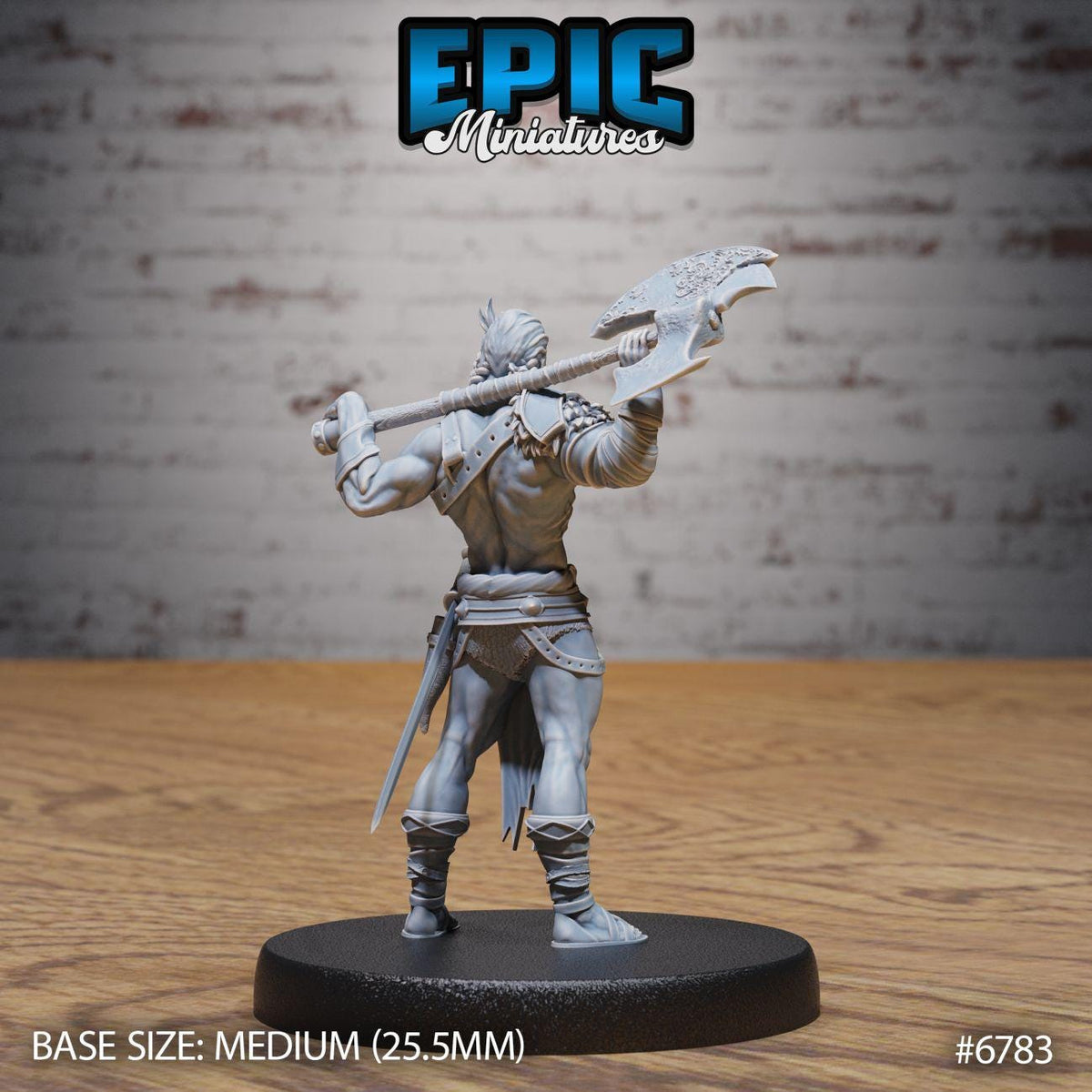 A figurine of a warrior standing on a black base, holding a large weapon in his right hand.