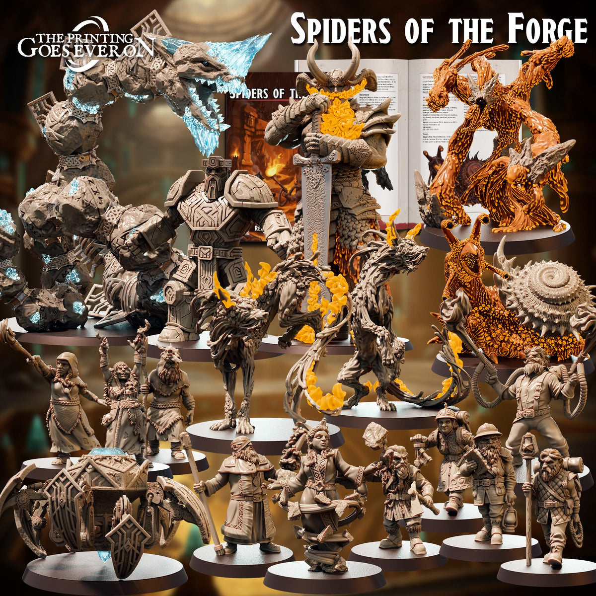 The image is a collage of various figurines and characters from the video game "Spiders of the Forge". The figurines are displayed on stands, showcasing different poses and poses of the characters.