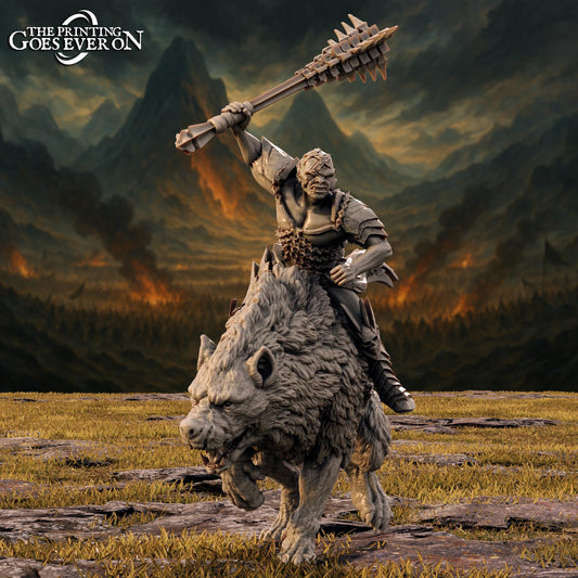 A statue of a warrior riding a fierce-looking creature, possibly a dragon or a wolf, in a dramatic landscape with mountains and a fiery sky in the background.