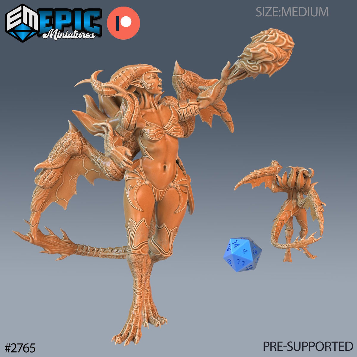 The image is a 3D model of a female character with a dragon-like creature on her back, holding a large object in her hand. The character is depicted in a detailed and intricate manner, showcasing the artist's skill and creativity.