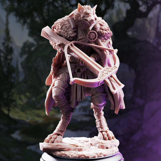 A detailed 3D model of a fantasy character, possibly a wolf or wolf-like creature, holding a bow and arrow. The character is standing on a rocky surface, with a forested background.