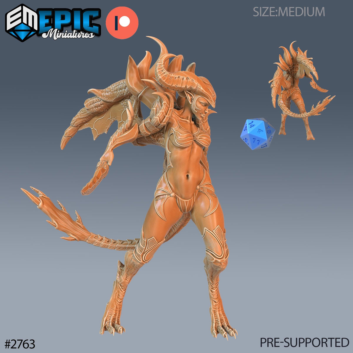 The image is a 3D rendering of a female character with a dragon-like appearance, featuring intricate details and a dynamic pose.