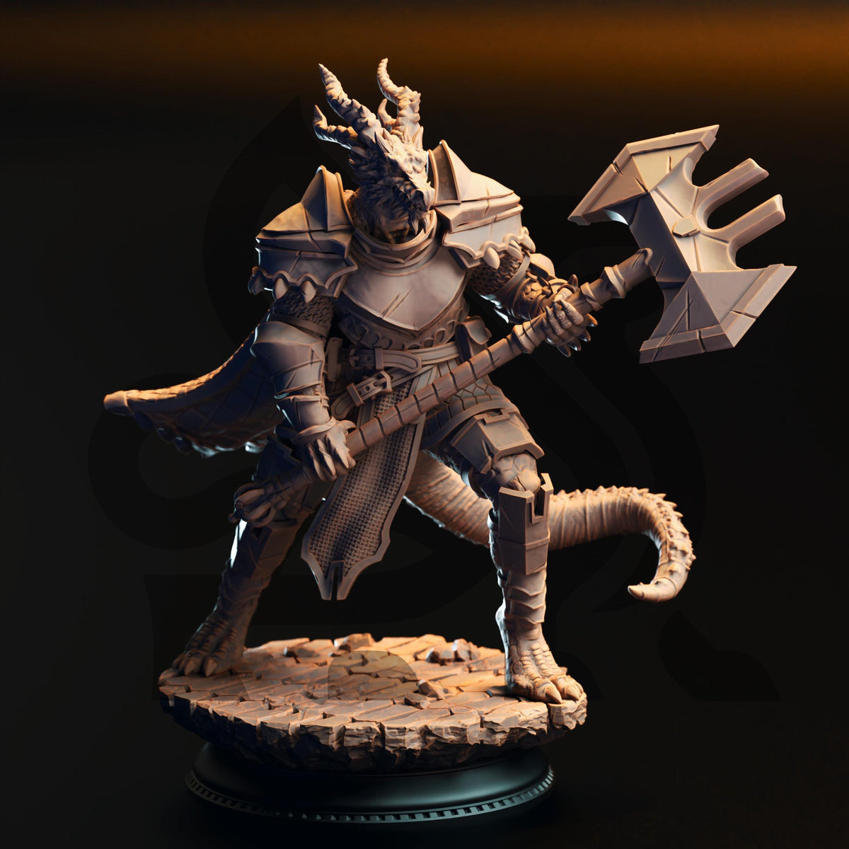 A detailed 3D model of a dragon-like creature, possibly a mythical or fantasy character, standing on a platform and holding a large weapon.