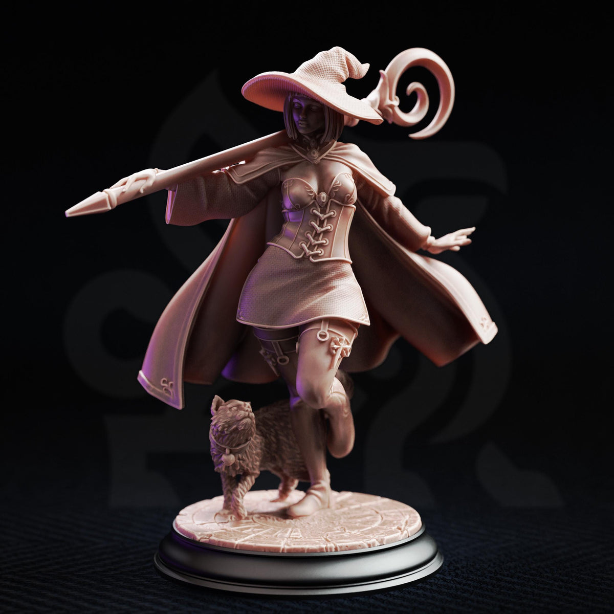 A detailed 3D model of a witch-like character with a pointed hat, standing on a pedestal and holding a staff. The character appears to be interacting with a small animal, possibly a cat.