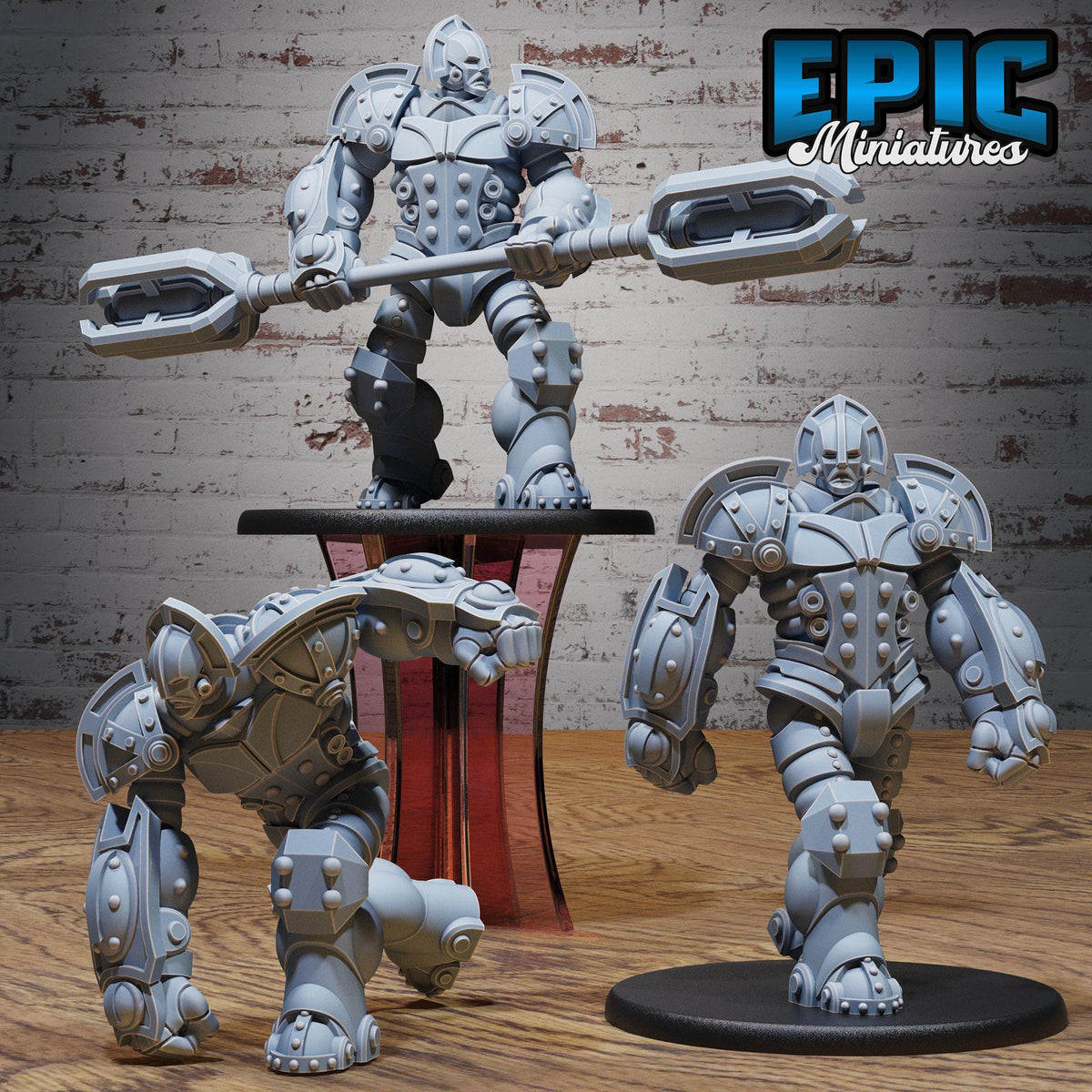 three robotic figures, each with unique poses and weapons, set against a brick wall background.