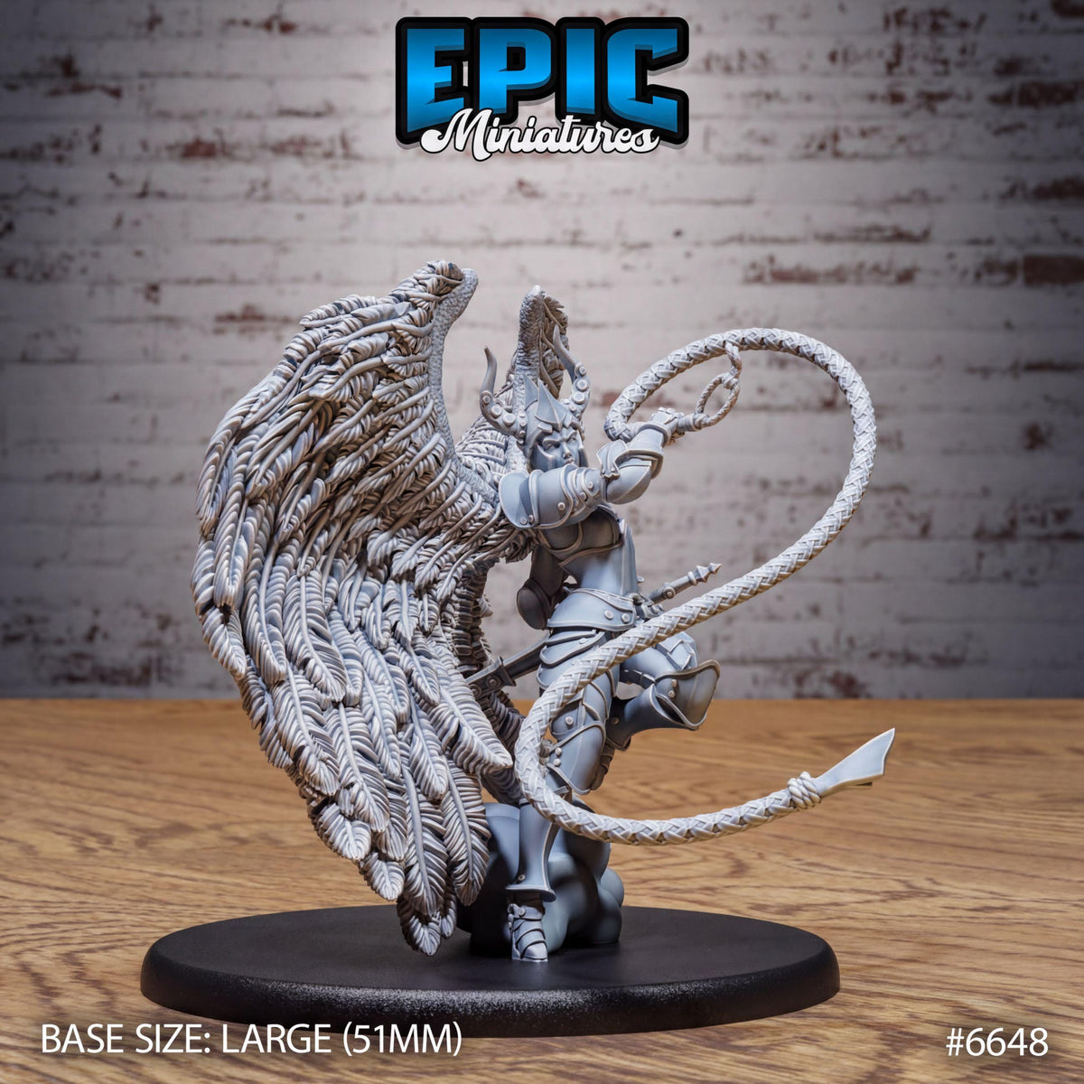 A figurine of a winged figure with a lasso, displayed on a black base.