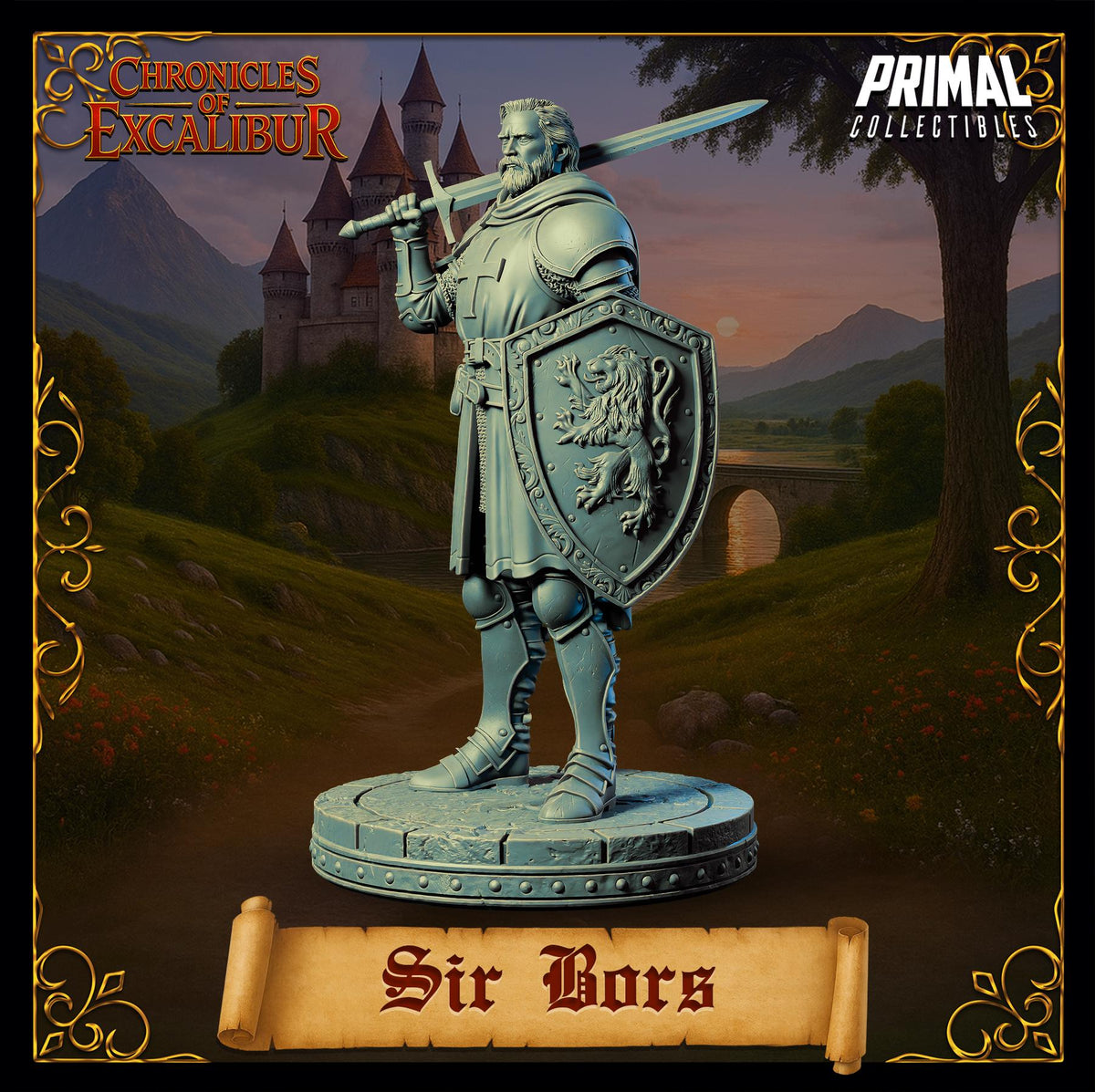 A statue of a knight holding a shield and sword, standing in front of a castle and mountains, with the name 'SIR BORS' below it.