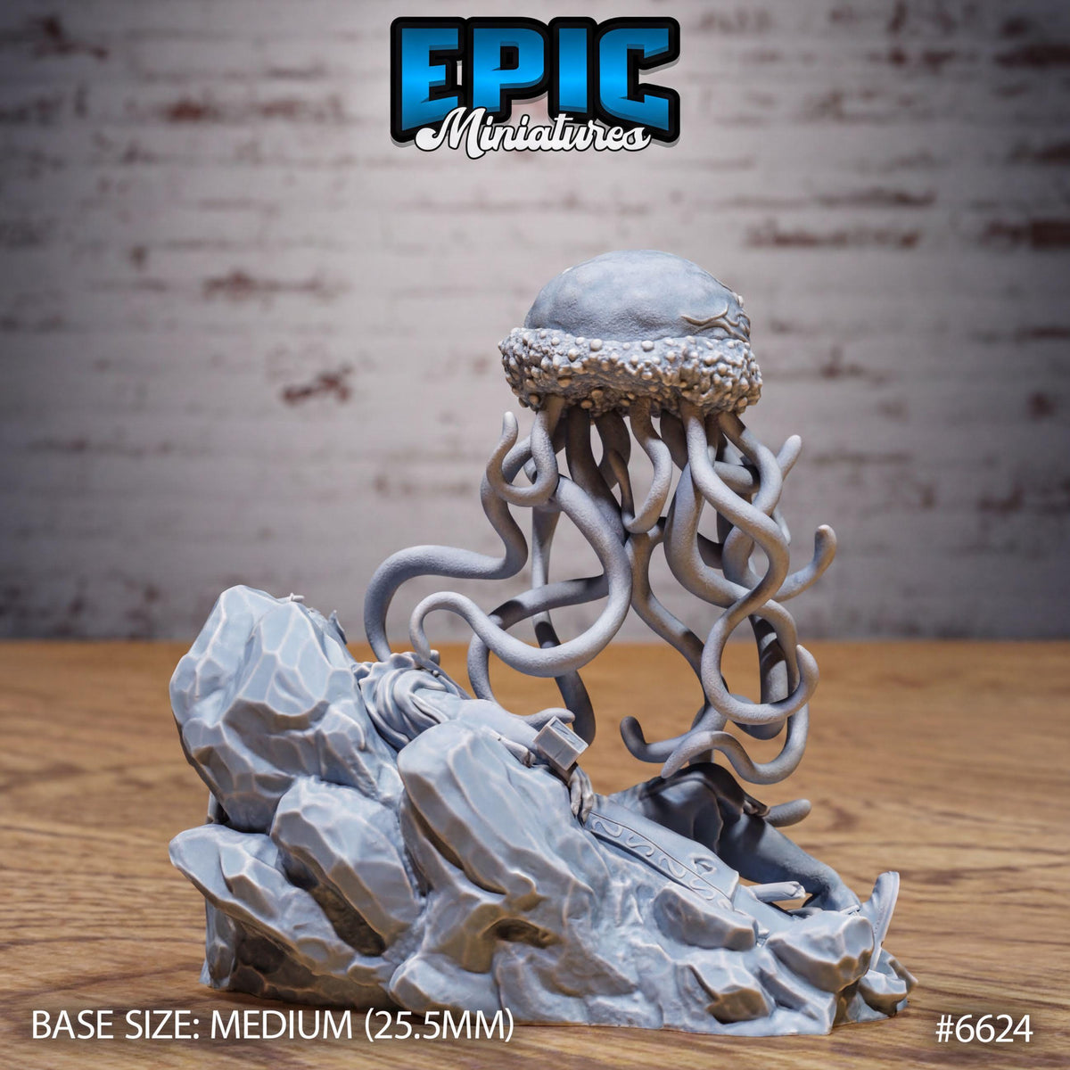 a miniature figurine of a jellyfish, which is a small, detailed model of a jellyfish. The jellyfish is sitting on a rock formation, and it appears to be a part of a larger collection of miniatures. The image is described as a medium-sized figurine, with a base size of 25.5 millimeters. The jellyfish is shown in a close-up view, and it is the main focus of the image.