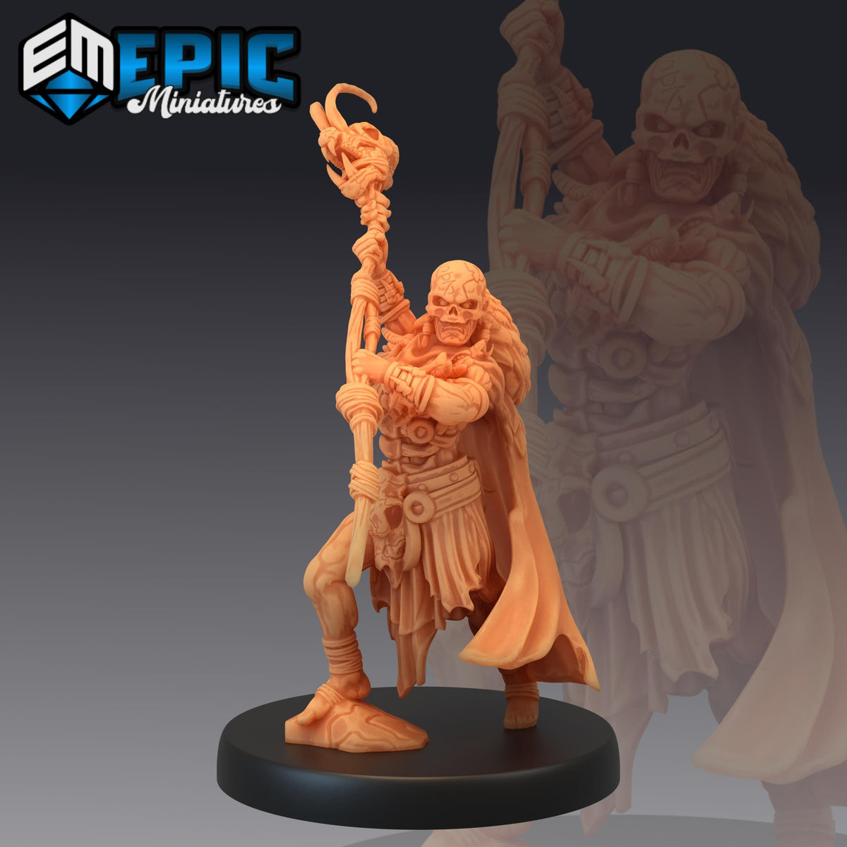 a figurine of a warrior standing on a pedestal, holding a staff and a staff-like object.