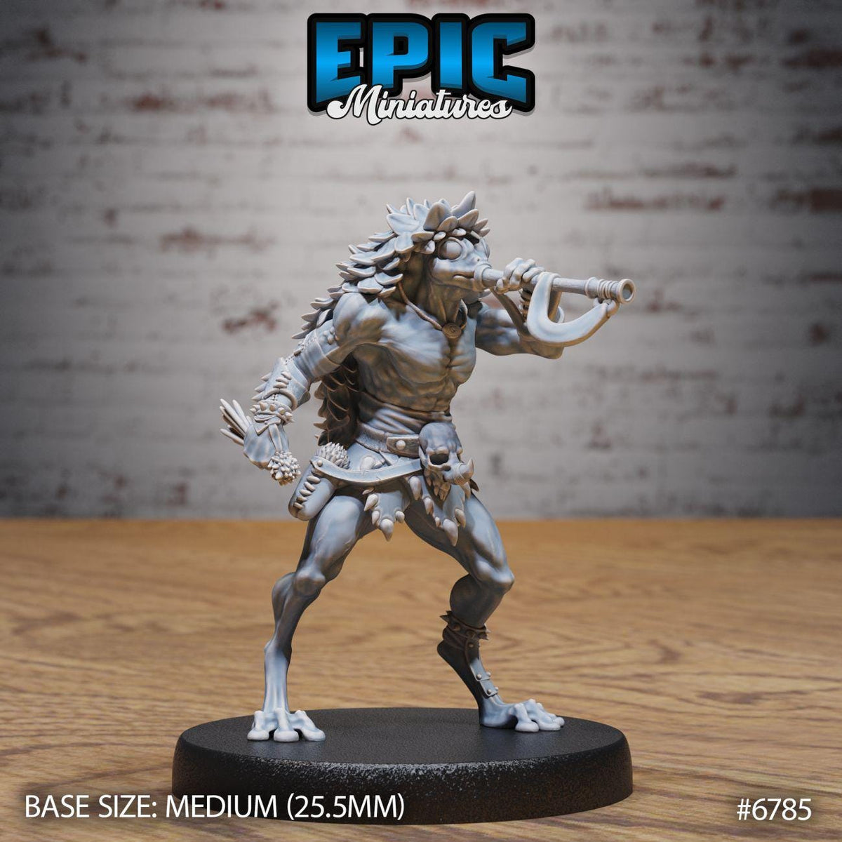 A figurine of a fantastical creature, possibly a mythical or magical being, is displayed on a black base. The figurine is described as a "MEDIUM" size, with a "BASE SIZE: 25.5MM" and a "#6785" identifier. The background is a brick wall, providing a contrasting backdrop for the figurine.