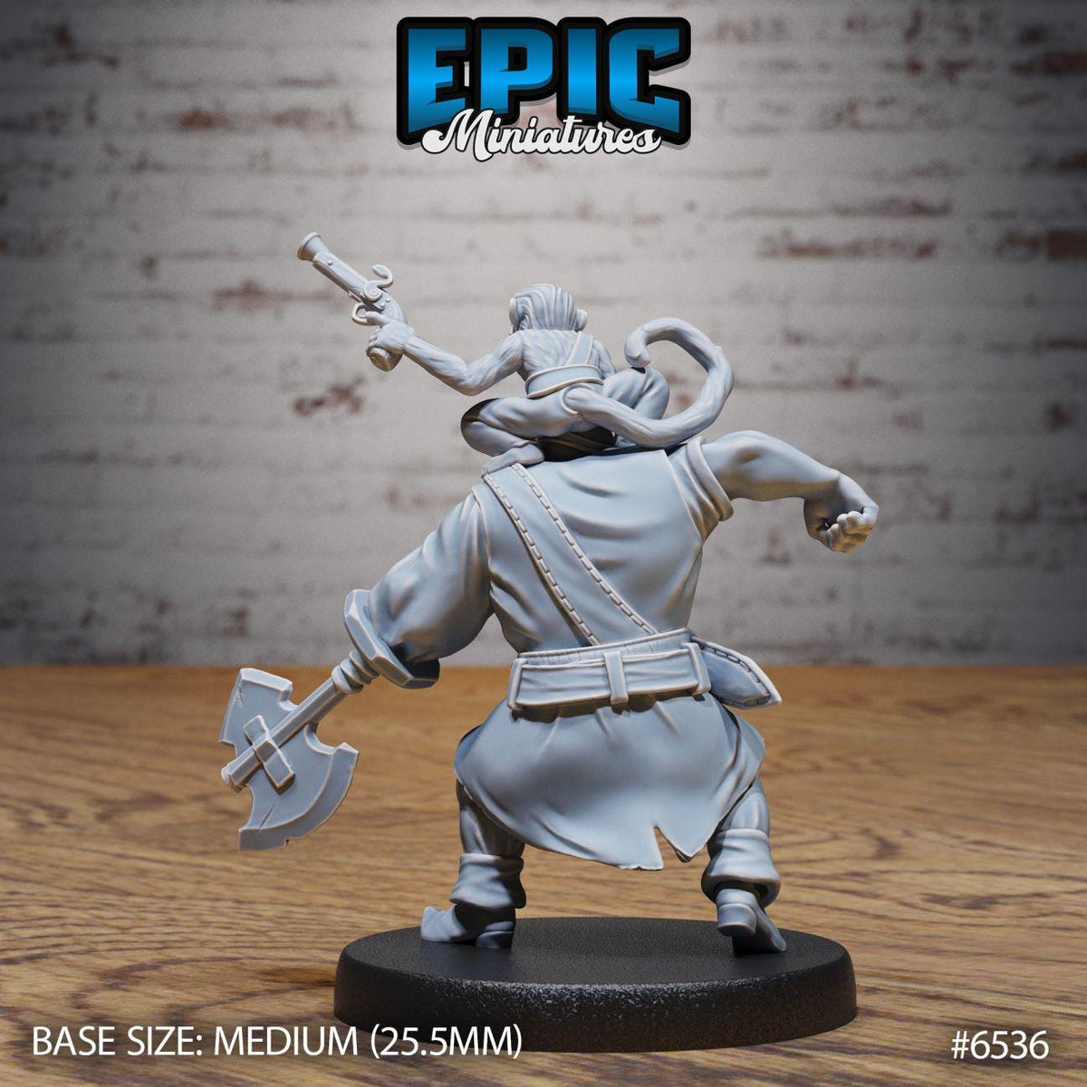 A figurine of a character with a sword and a backpack, standing on a black base.
