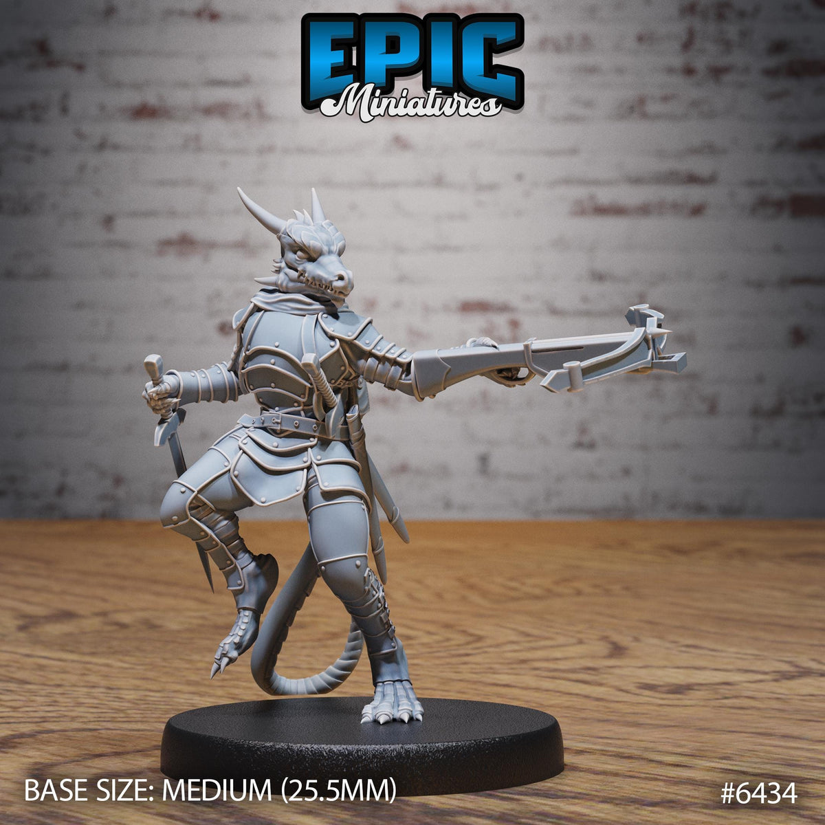 A figurine of a dragon-like creature, possibly a fantasy character, is depicted in a dynamic pose, holding a weapon and standing on a platform.