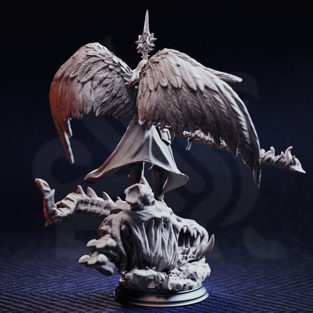 A detailed 3D model of a winged creature with sharp teeth, standing on a rock formation against a dark background.