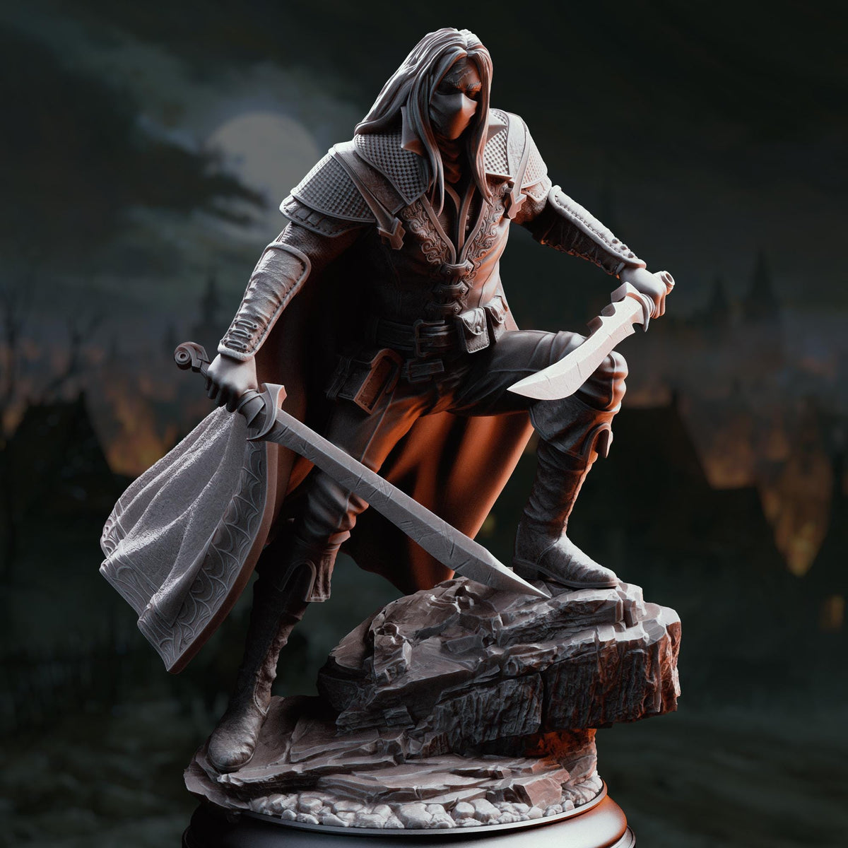 A detailed 3D rendering of a knight figure, holding a sword and standing on a rocky outcrop.