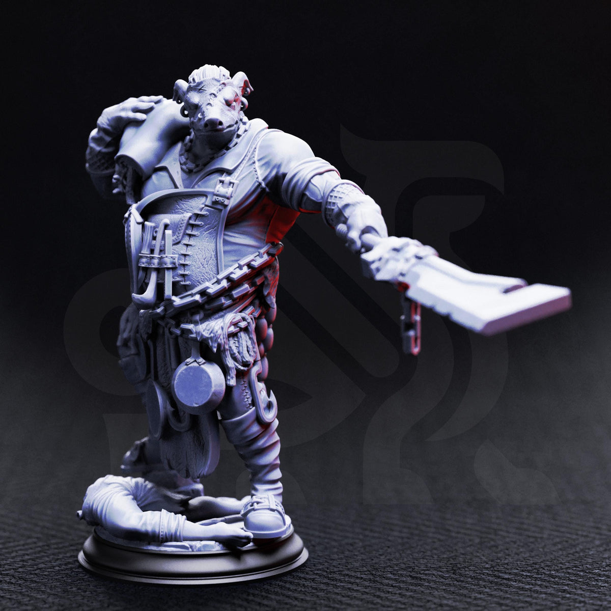 A detailed 3D model of a warrior figure, wearing a chainmail outfit and wielding a sword, stands on a pedestal against a dark background.
