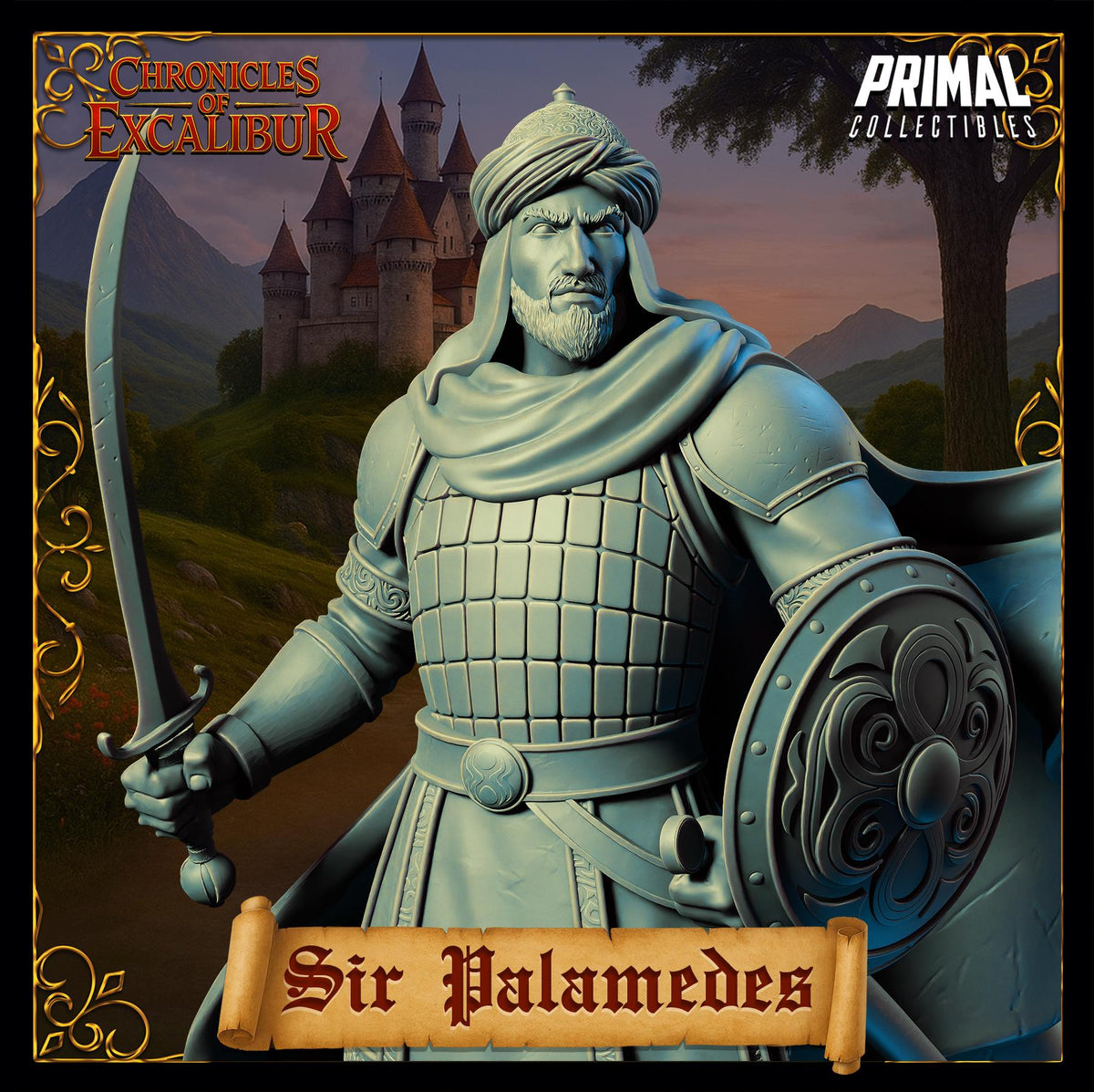 Knight Sir Palamedes miniature from Chronicles of Excalibur, made with premium resin for D&D and TTRPGs.