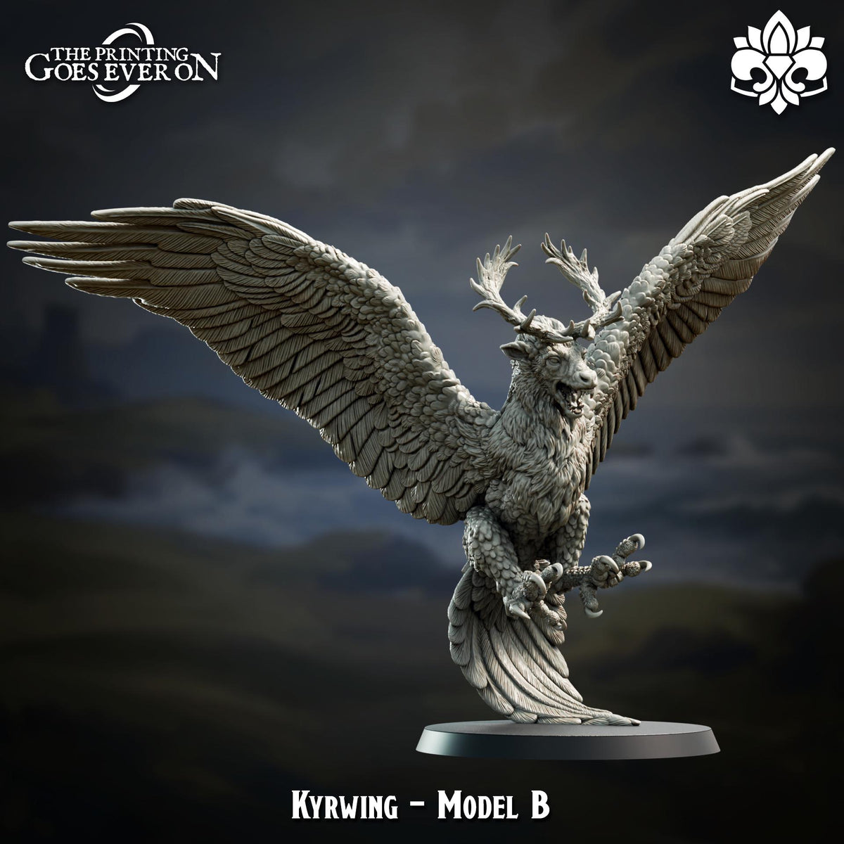A detailed sculpture of a winged creature with antlers, resembling a mythical or fantastical being. The creature is depicted in a dynamic pose, with its wings spread wide and its antlers raised high. The background is dark and moody, creating an atmosphere of mystery and intrigue. The sculpture is identified as "Kyrwing - Model B" and is described as a "very detailed" and "very realistic" piece of art.
