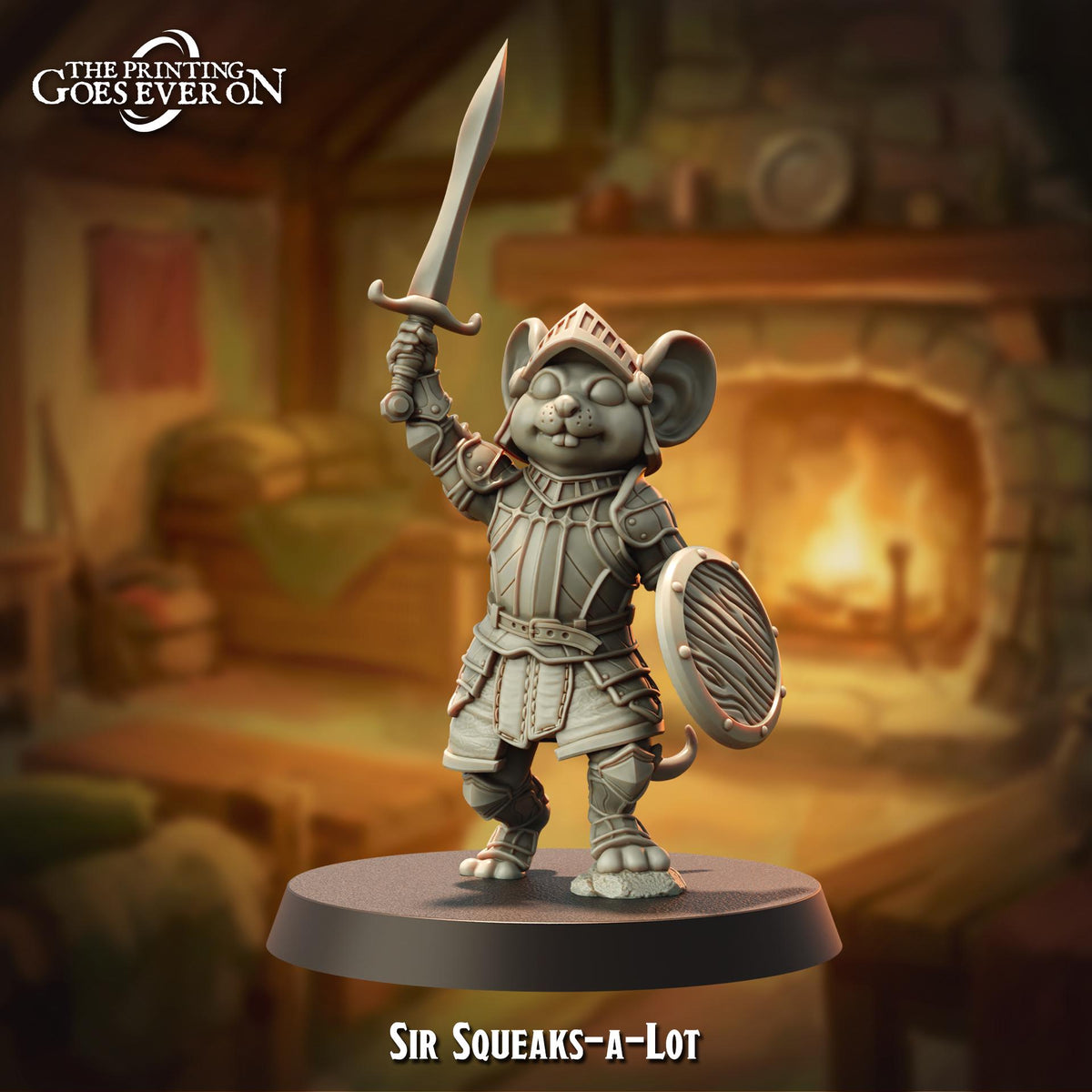 A figurine of a mouse-like creature, possibly a mouse or rat, wearing a knight's helmet and armor, holding a sword and shield, standing in a room with a fireplace in the background.