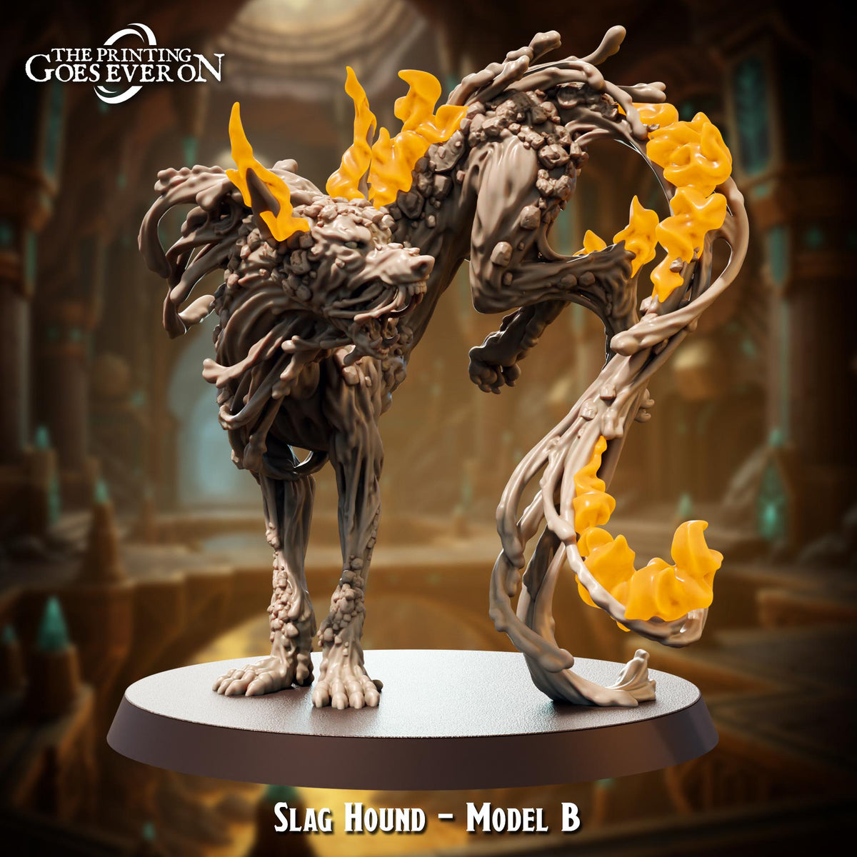 A figurine of Slag Hound, a mythical creature with a twisted, gnarled body and glowing yellow flames, is displayed on a pedestal.