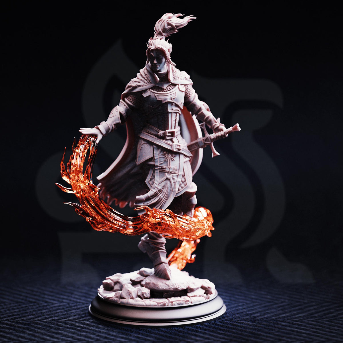 A figurine of a warrior figure with a flowing cape and a sword, surrounded by flames or fire.
